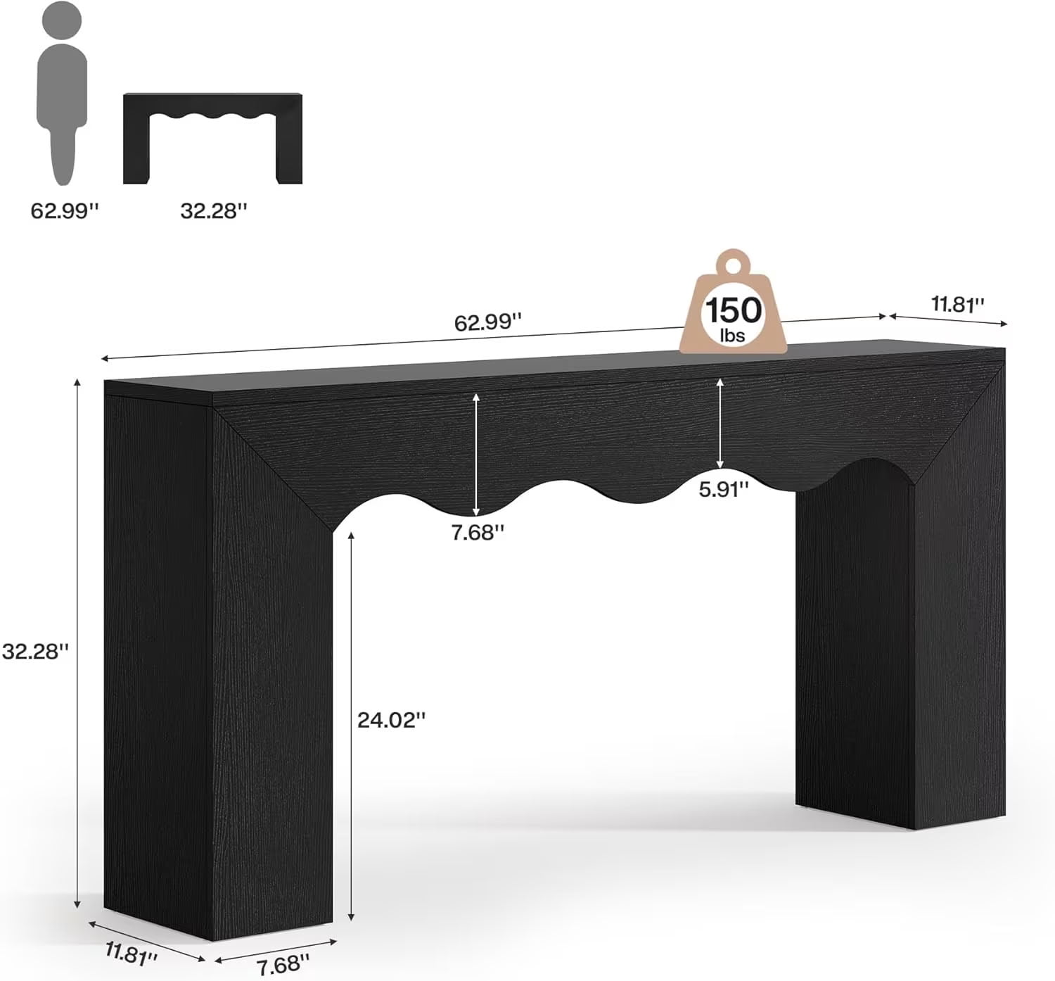 MAYEERTY 63" Wavy Edge Console Table, Modern Wooden Entryway Sofa Table with Storage, Narrow Accent Stand for Living Room, Hallway, Foyer