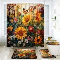 4 Piece Boho Flowers Shower Curtain Set with Rugs, Toilet Lid Cover ,Vintage Painting Bright SunFlower Butterfly Colorful Blossom Wilflowers Plant Spring Nature Bathroom Shower Curtain with Hooks