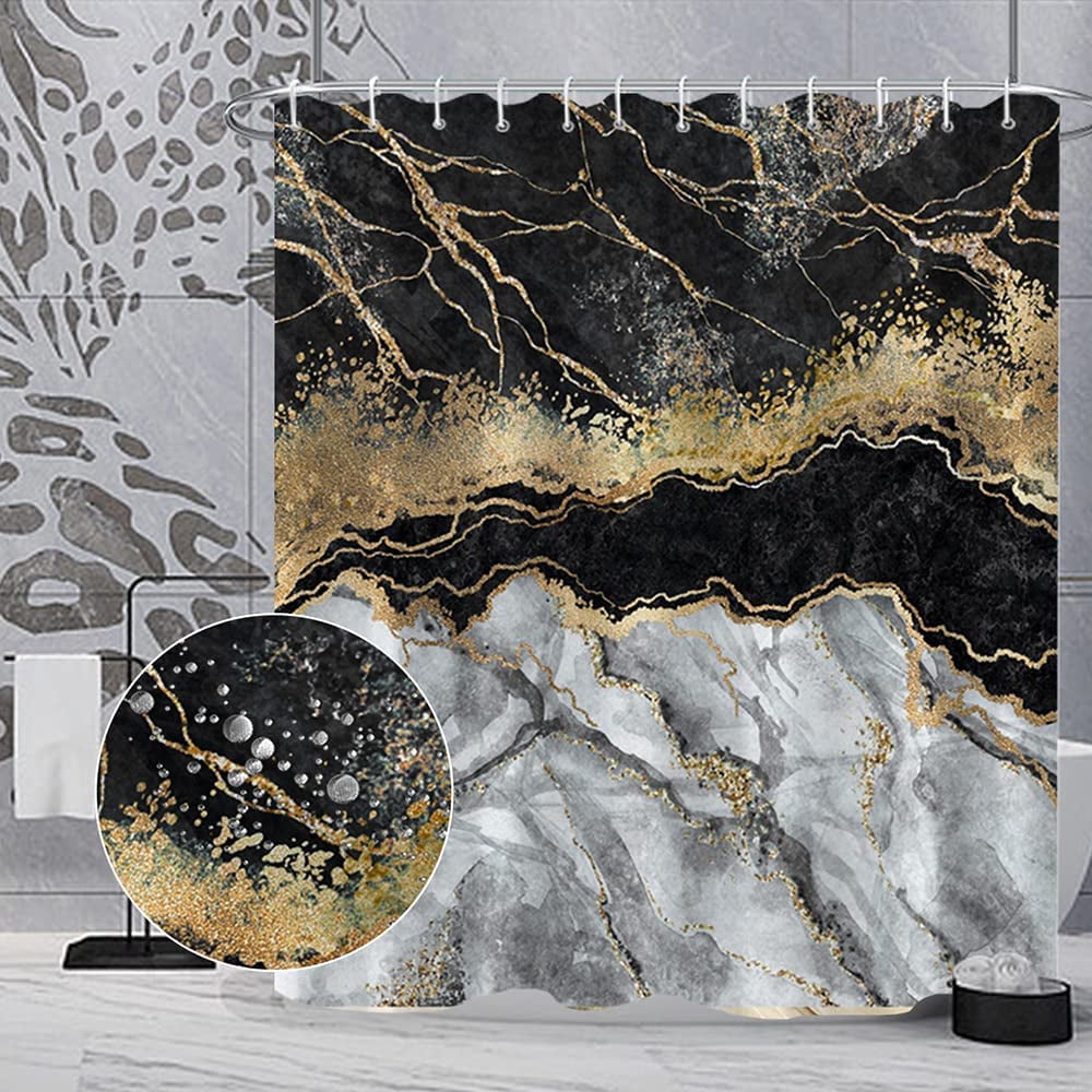 Marble Bathroom Shower Curtain Black Grey Gold Waterproof Fabric Shower Curtains with Hooks Watercolor Abstract Shower Curtains Cloth for Home Bath Decor 72x72 inches