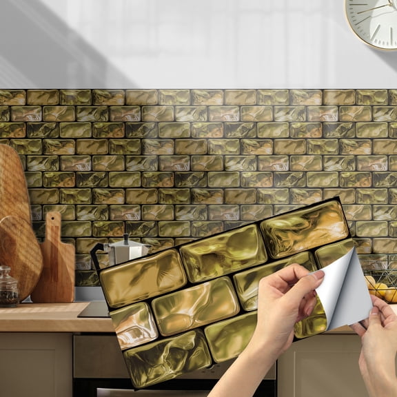 6Pcs Self Adhesive Tiles Wall Stickers Decals Yellow Green 11.8"x5.9" Vinyl Mosaic Brick Peel and Stick Backsplash for Kitchen Bathroom