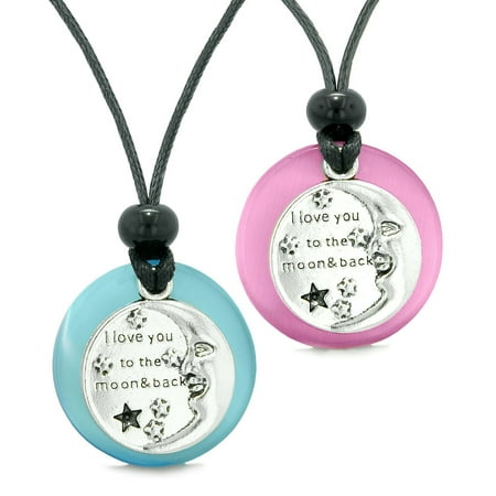 I Love You to the Moon and Back Couples or Best Friends Amulets Blue Pink Simulated Cats Eye