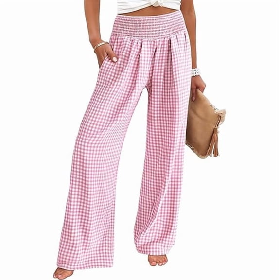 Womens Striped Gingham Palazzo Pants - High Waisted Wide Leg Trousers with Pockets - Casual Plaid Cropped Pants for Women - Lightweight Flowy Trousers for Summer 2026