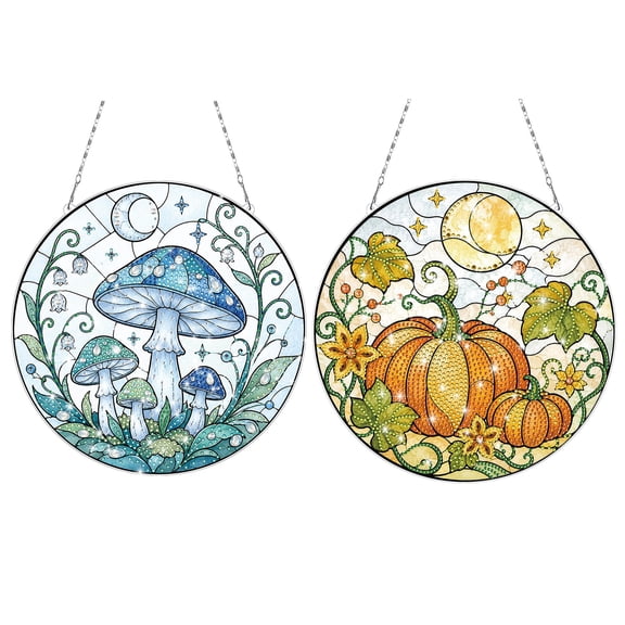 FLOPESN Halloween Mushroom and Pumpkin Diamond Art Hanging Ornament, PET Window Decor, Double-Sided Single-Sided DIY Craft Kit
