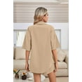 thumbnail image 4 of Women 2 Piece Outfit Summer Short Sleeve Top and Shorts Sweatsuit Set Khaki M, 4 of 6