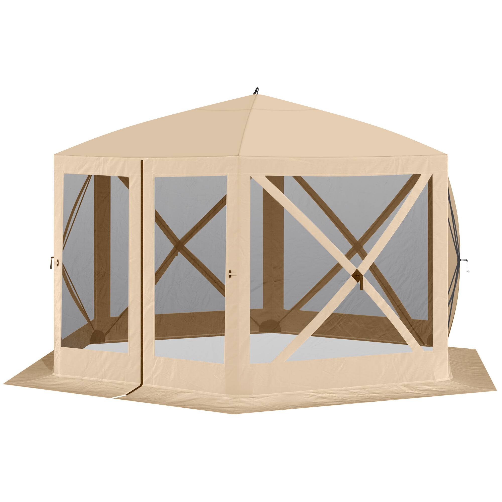 Outdoor Grill, 12' x 12' Hexagon Screen House, Pop Up Tent Portable Gazebo Canopy Shelter with Mesh Netting Walls, Carry Bag and Shaded Interior, Beige, Beige BBQ Grill,Polyester Tabletop Grill