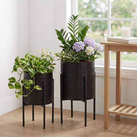 Decorative Flower Pots with Metal Stand for Home Decor - Modern Planters for Hallway, Entryway, and Living Room Decor - Indoor and Outdoor Pots for Plants Styling - Set of 2, 23", 19", Black