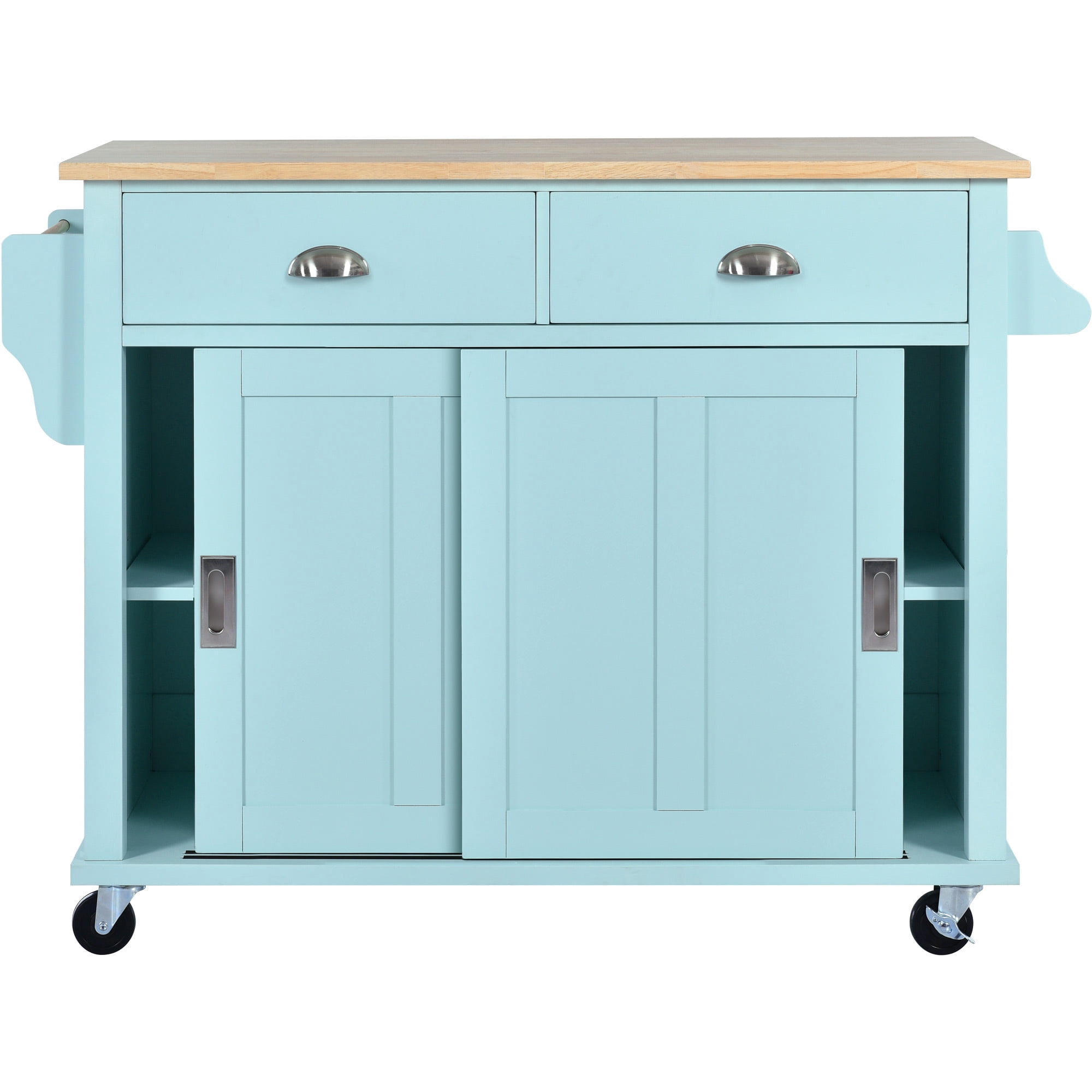 DEALTOPS 52.2 inch Kitchen Cart with Rubber Wood Drop-Leaf Countertop, Concealed Sliding Barn Door Adjustable Height, Kitchen Island on 4 Wheels with Storage Cabinet and 2 Drawers-Green