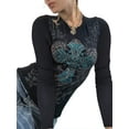 thumbnail image 3 of Women’s Slim Blouse Round Neck Long Sleeve Cross Rhinestone Pattern Tops (Black), 3 of 10