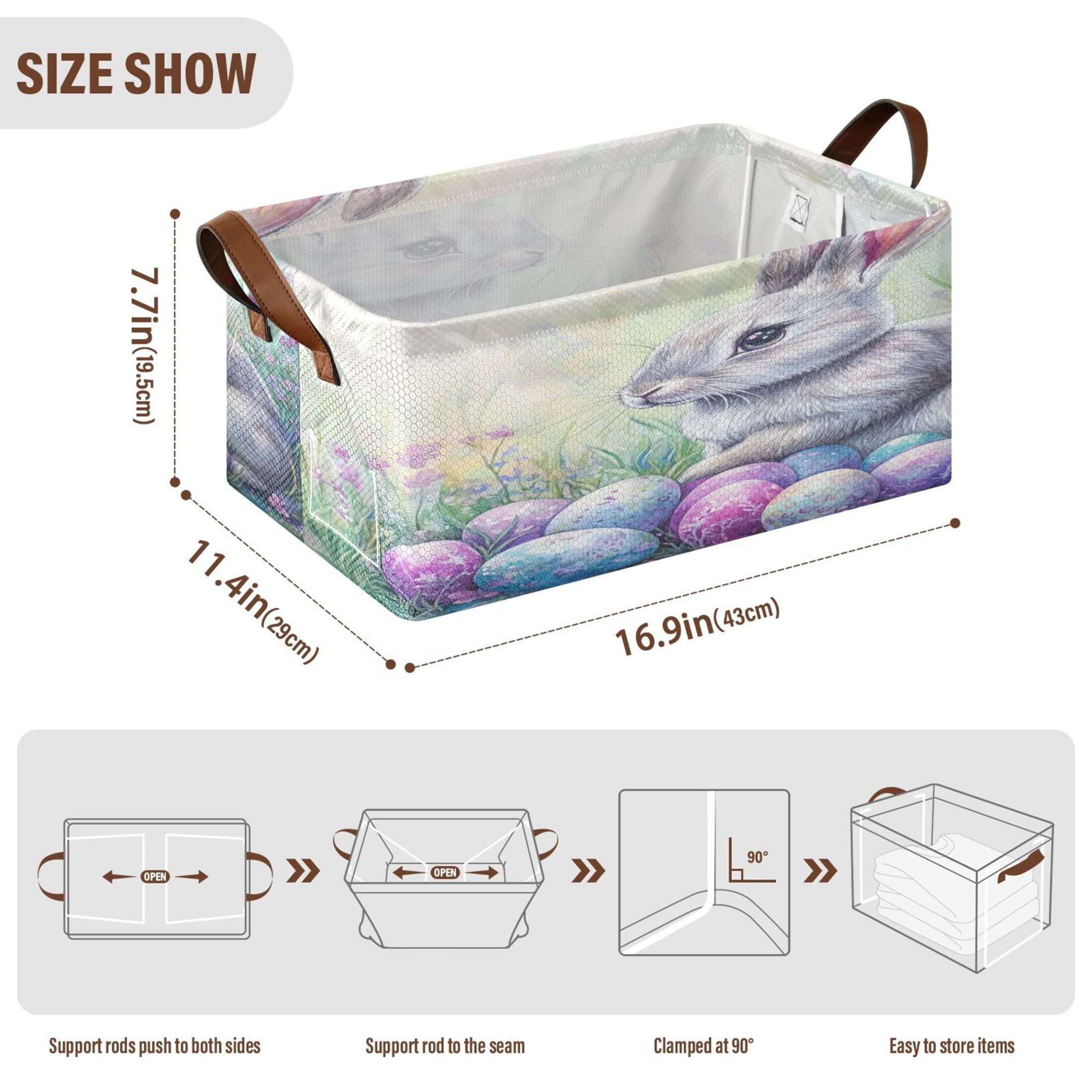 Wobogo Easter Blue Bunny Storage Basket Soccer Plaid Fabric Oversized Collapsible Hoard Box with Metal Iron Frame 16.9×11.4×7.7in