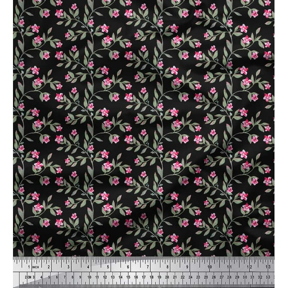 Soimoi Black Cotton Duck Fabric Leaves & Azalea Floral Printed Craft Fabric by the Yard 44 Inch Wide