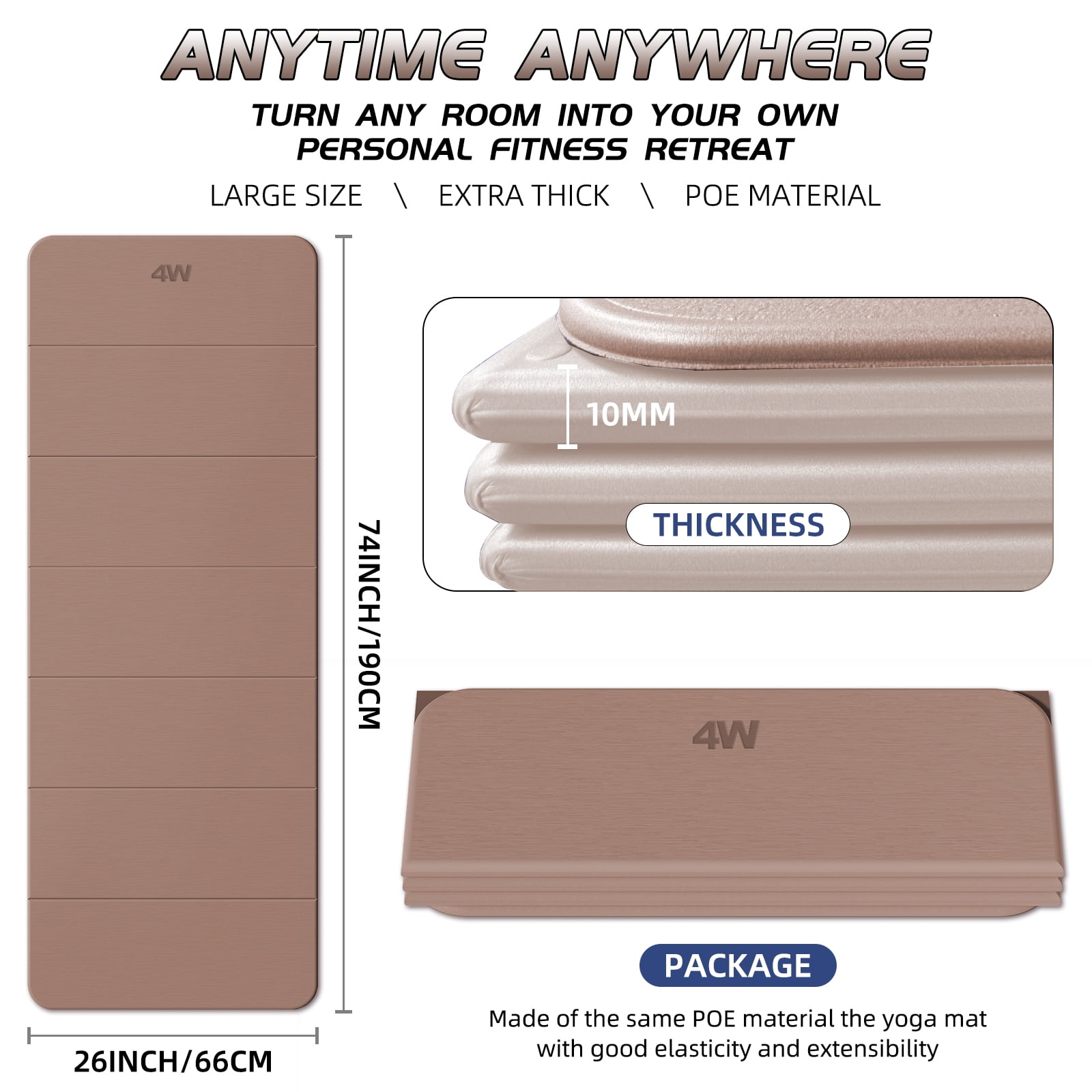 4W Foldable Yoga Mat Long, 10mm Extra Thick TPE Non-slip pilates Mats for Home and Travel, 75 x 26 in, Quick Folding/Storage No Curling(Brown + Beige)