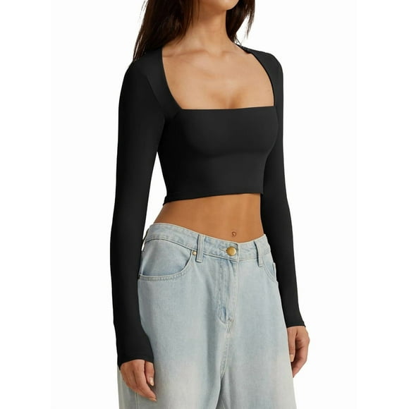 Women'S Square Neck Long Sleeve Double Lined Slim Fitted Casual Basic Crop Top Black S