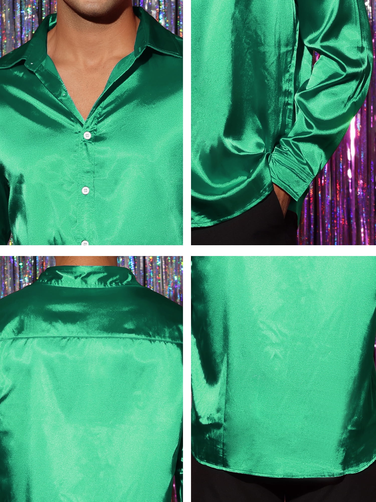 Unique Bargains Men's Satin V Neck Long Sleeves Button Down Prom Shirts 2XL Green
