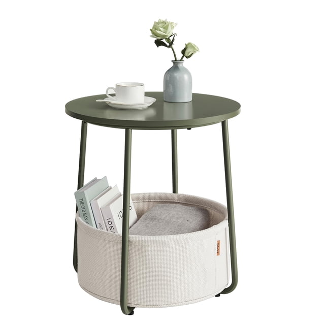 Mesa auxiliar VASAGLE redonda pequeña con cesta de tela verde