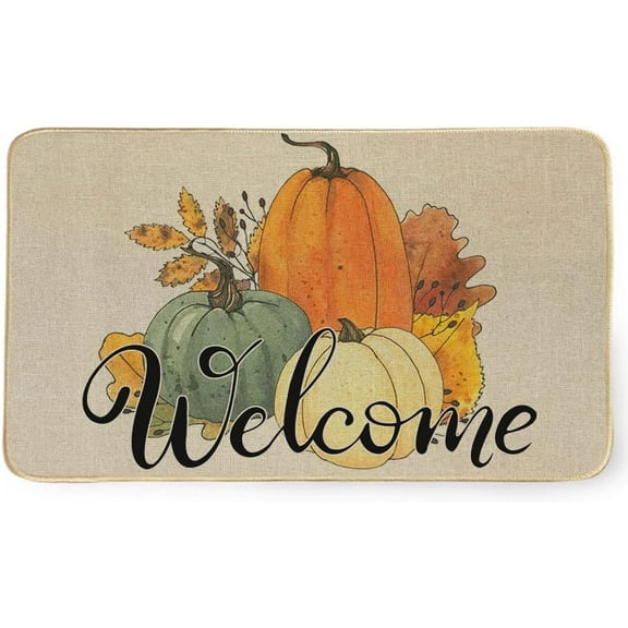 Fall Pumpkins Decoration Door Mats Outdoor Entrance Home, Welcome Autumn Colorful Front Doormat Rug Rubber Non-Slip Inside Entrance Floor Mat 17 x 29 Inch DM164
