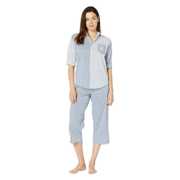 LAUREN Ralph Lauren 3/4 Roll Tab Sleeve His Shirt Capri Pajama Set (Blue Stripe), Size Small