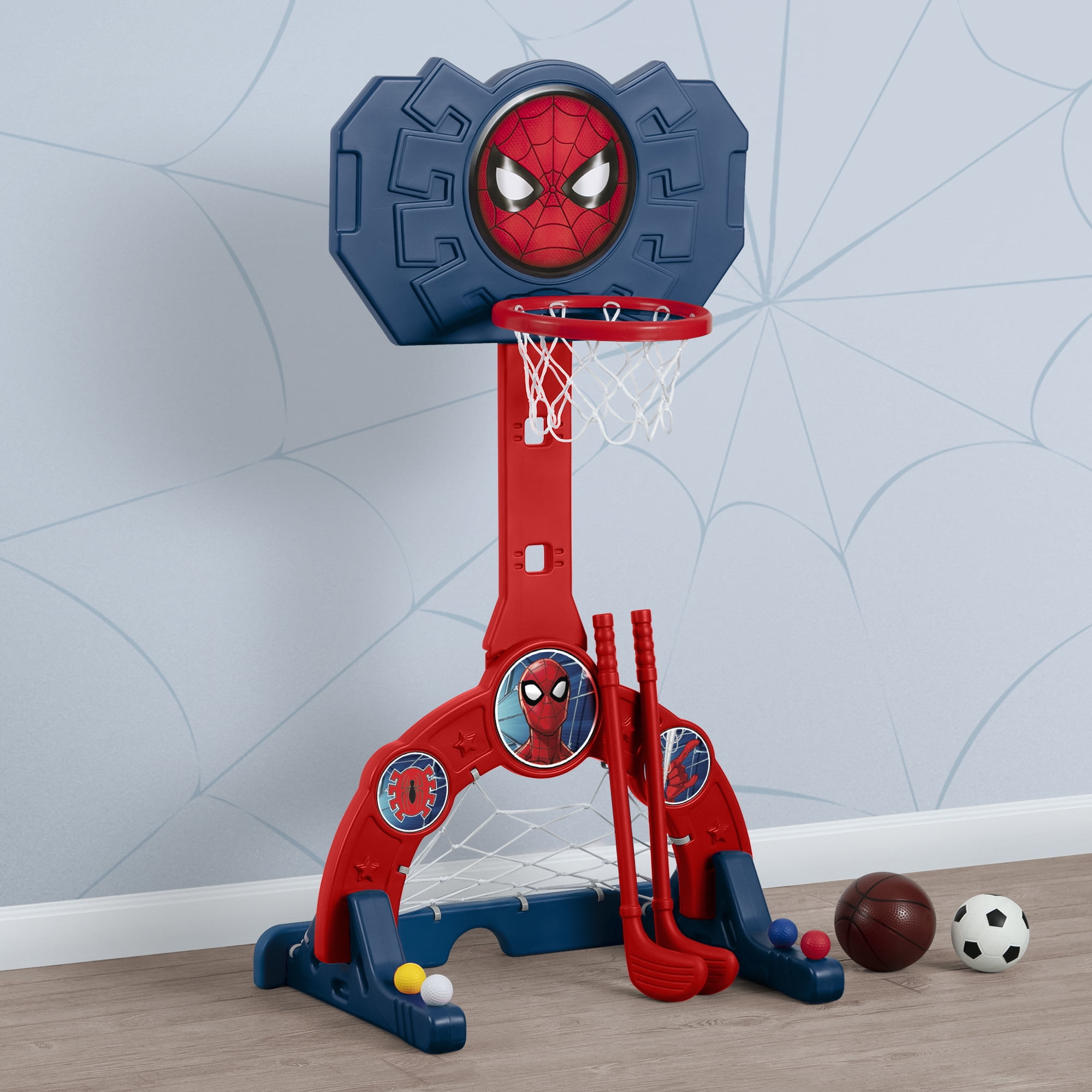 Spider-Man 4-in-1 Sports Center – Adjustable Basketball Hoop, Soccer/Hockey Net & Golf Game, Red