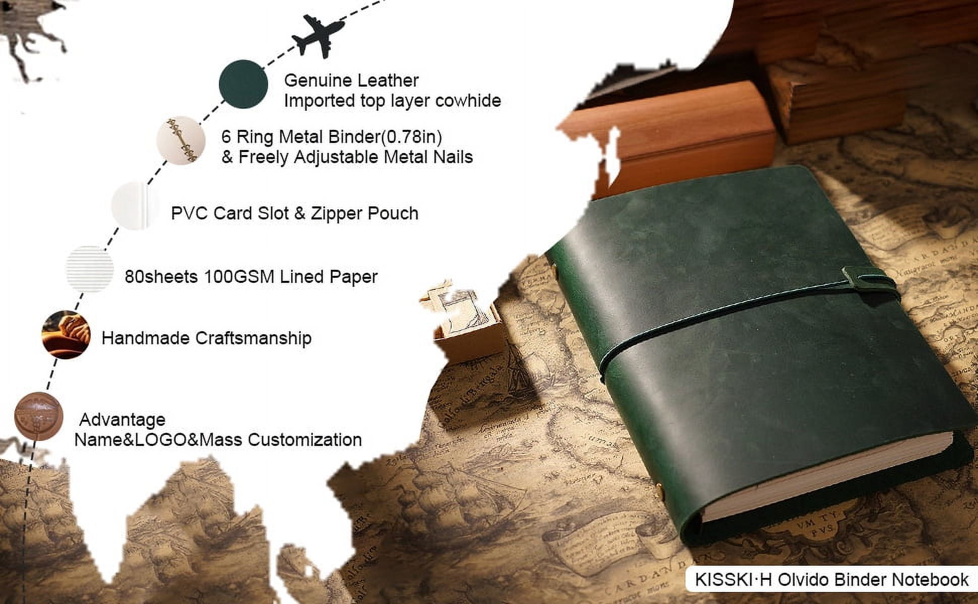 KISSKI·H Olvido A5 Leather Vintage Journal Notebook, 6 Ring Binder Travelers Diary Notebook with Lined, Refillable Writing Padfolio, Versatile Diary/Planner/Sketchbook/Scrapbook, Green