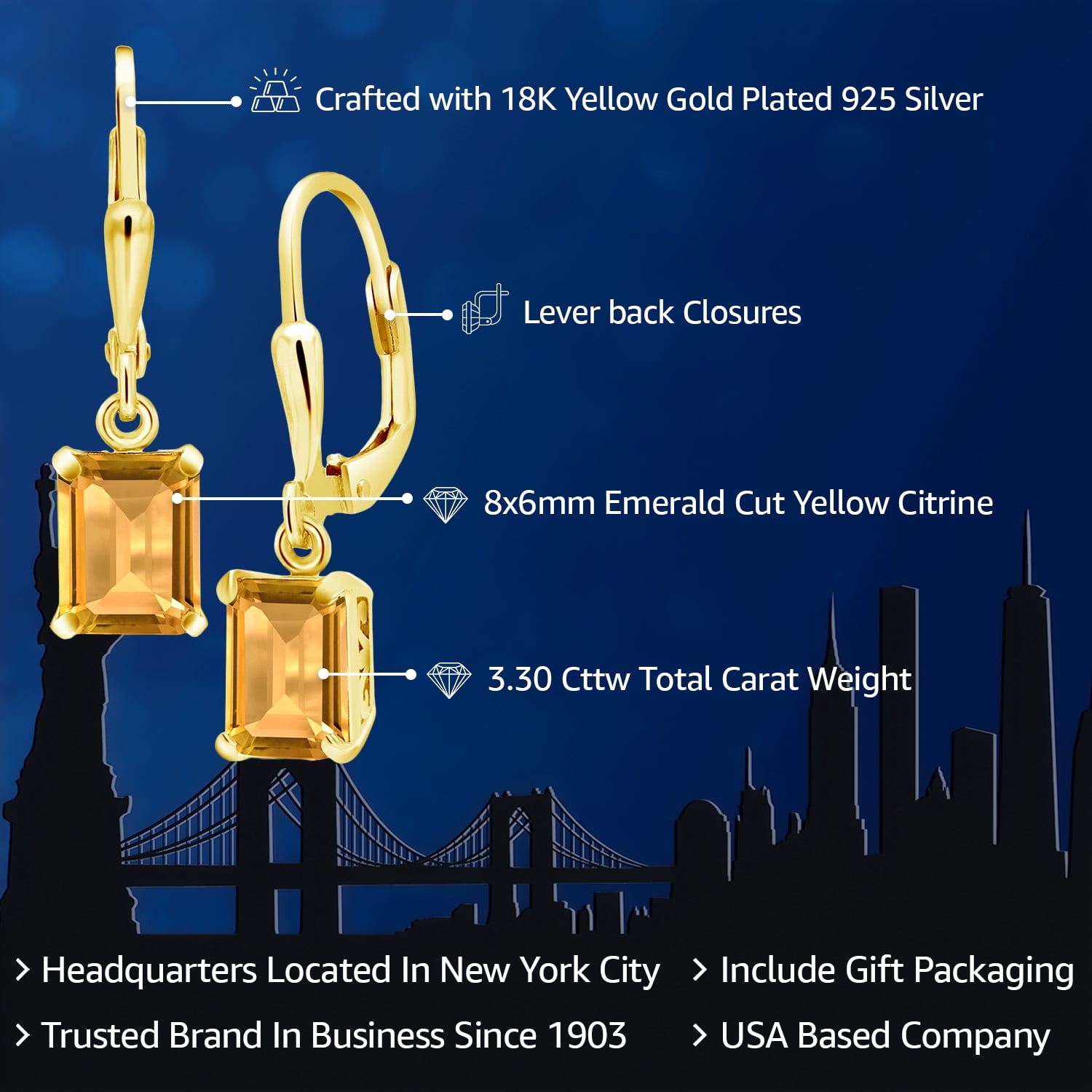 Gem Stone King 18K Yellow Gold Plated Silver Yellow Citrine Dangle Earrings for Women (3.30 Cttw, Gemstone November Birthstone, Emerald Cut 8X6MM)
