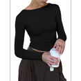 thumbnail image 1 of Womens Crewneck Long Sleeve Shirt Double Lined Basic Tees Side Ruched Going Out Crop Tops Black L, 1 of 10