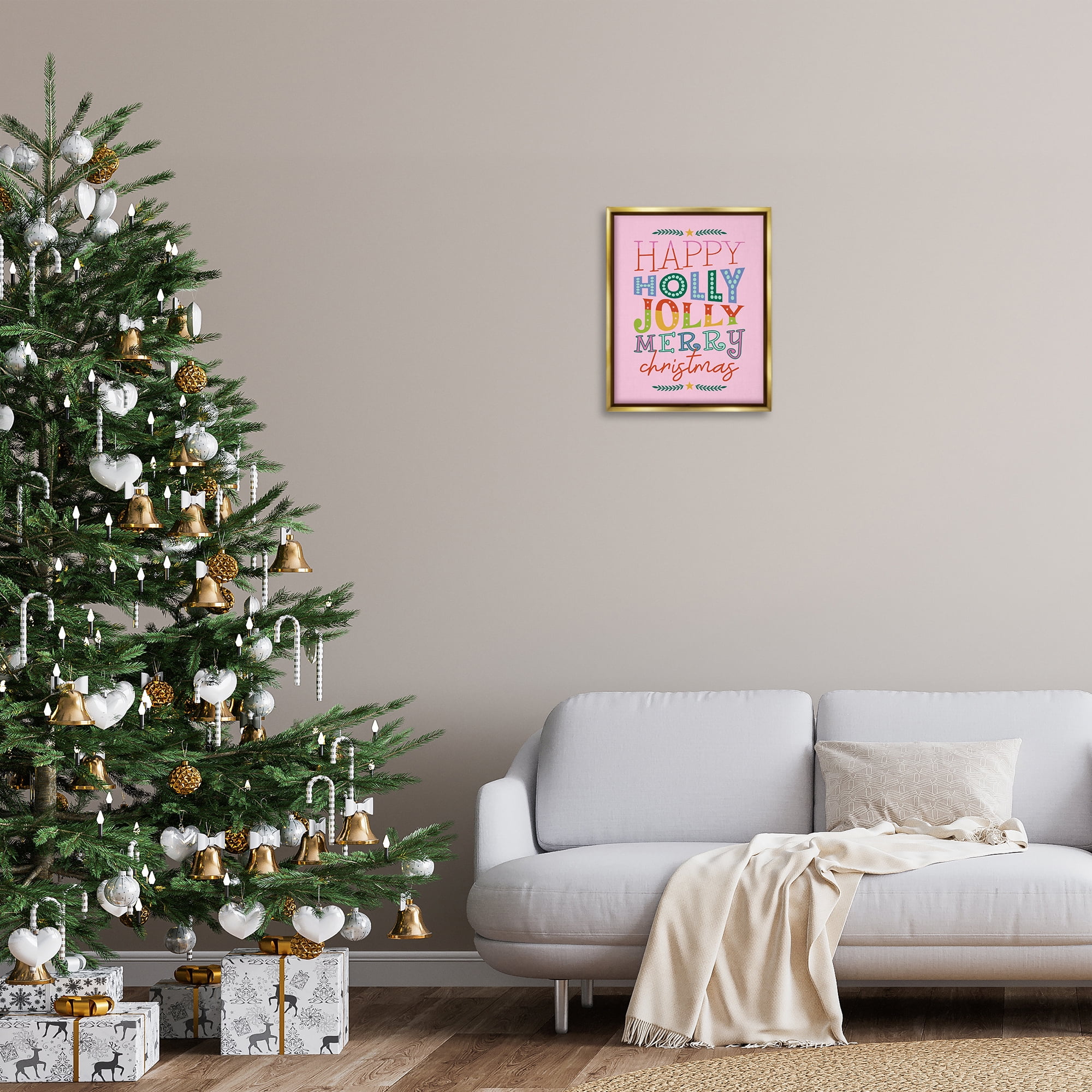 Stupell Industries Happy Holly Jolly Xmas Holiday Painting Gold Floater Framed Canvas Art Prints Wall Art, 17 x 21
