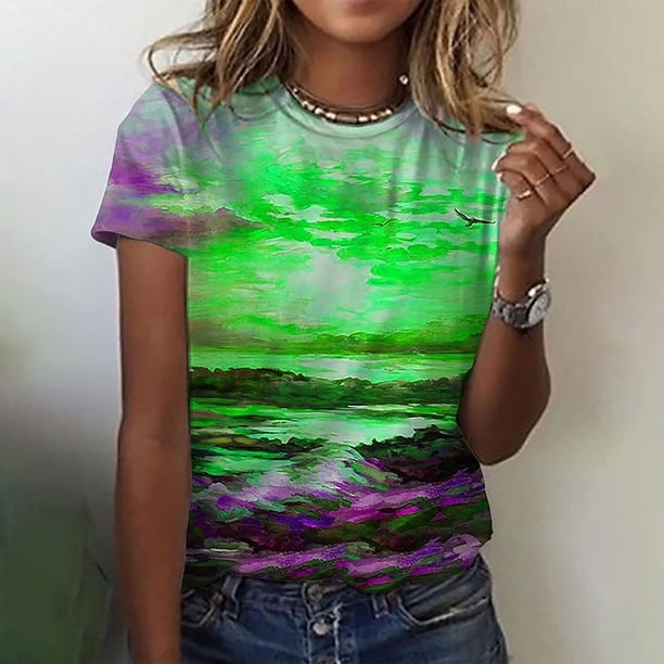 ICHUANYI Clearance Women's Fashion Casual Loose Blouse Printing Round Neck T-Shirt Shirts Blouse Print Tee(Green, M) ICHUANYI WER2023081502068