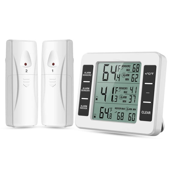 Termómetro para refrigerador Termómetro digital inalámbrico para refrigerador y congelador con alarma audible Pantalla de temperatura máxima/mínima y 2 sensores para el hogar, restaurantes, cocina