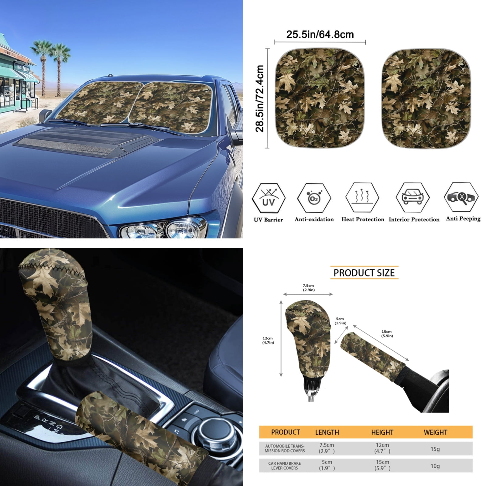 Yuyamidu Camo Hunting Car Seat Cover Set 16 PCS Wood Steering Wheel Cover Seat Belt Cushion Pad Gear Shift Hand Brake Cover Rearview Mirror Cover Coasters Keychain Sun Shade for SUV Van Truck