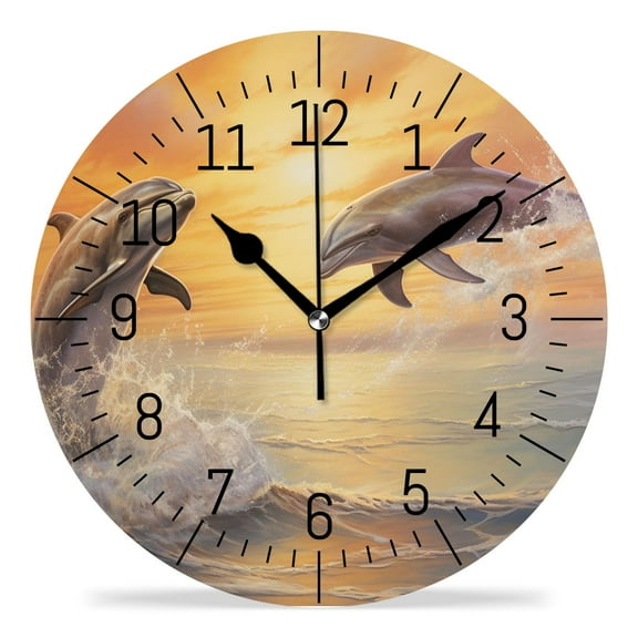 erolrail Rustic Wall Clock,Silent Non Ticking Wall Clocks for Living Room,Bedroom,Kitchen 12IN Dolphin Blue Ocean Picture