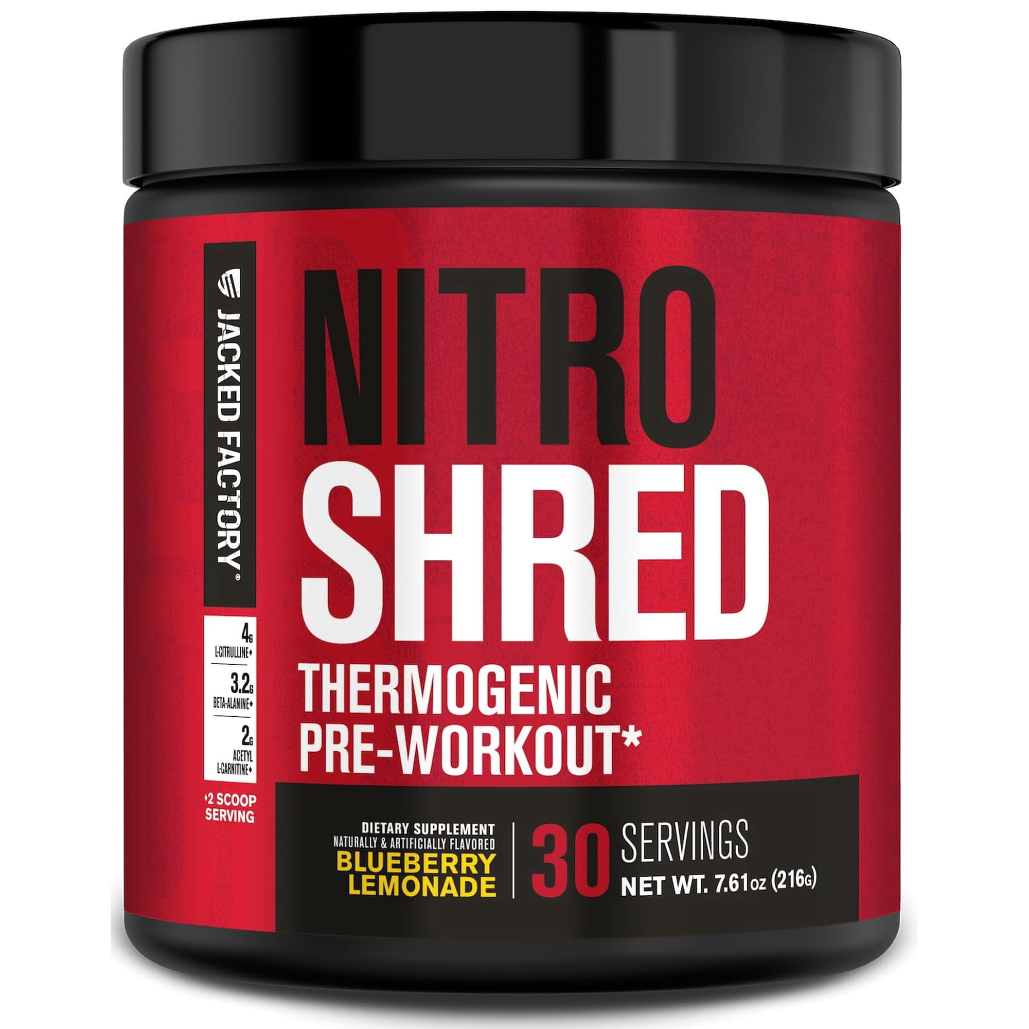 Jacked Factory NITROSURGE Shred Pre Workout Supplement - Energy Booster, Instant Strength Gains, Sharp Focus, Powerful Pumps - Nitric Oxide Booster & PreWorkout Powder - 30Sv, Blueberry Lemonade