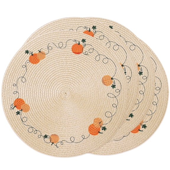 BVIEAKD Set of 4 Round Embroidered Pumpkin Placemats, Beige Fall Harvest Thanksgiving Table Mats for Autumn Farmhouse Dining & Holiday Party Decor
