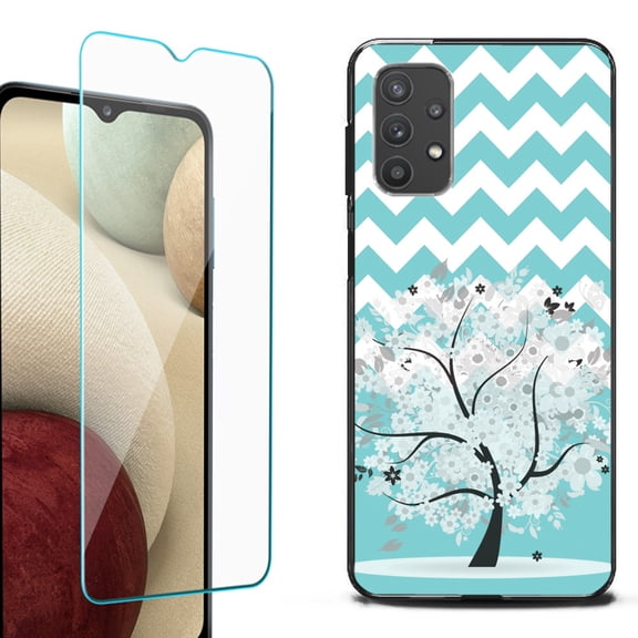 Slim-Fit Flexible TPU Gel Phone Case (black) for Samsung Galaxy A32 5G, with Tempered Glass Screen Protector, by OneToughShield ® - Chevron/Teal/Tree
