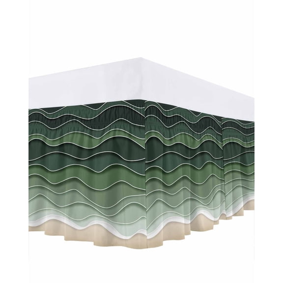 Sage Green Waves Bed Skirt Queen Size, Rustic Abstract Ombre Stripes Art Wrap Around Bed Skirting with Adjustable Elastic Strap, Dust Ruffle Pleated Bedskirts 18 Inch Drop for Bedroom Queen Beds