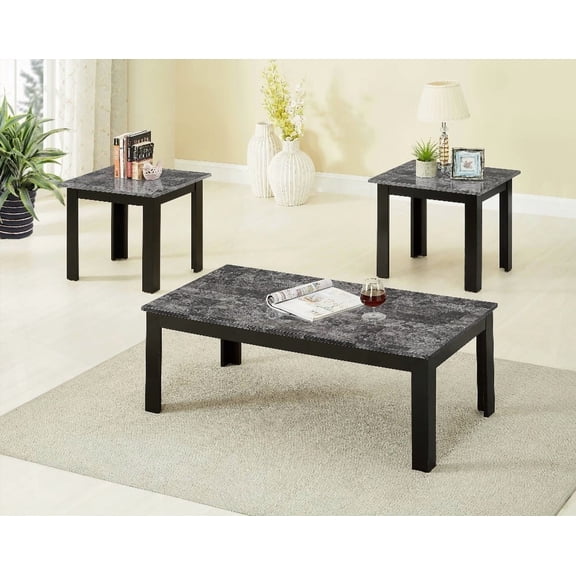 3pc Set Traditional Style Rectangular Coffee Table w/Square End Tables & Wooden Legs in Black Finish & Faux Marble Top