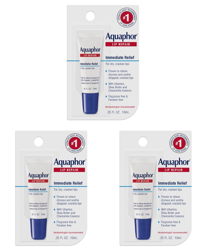 Aquaphor Lip Repair Ointment Tube, Immediate Relief - 0.35 Oz, 3 Pack