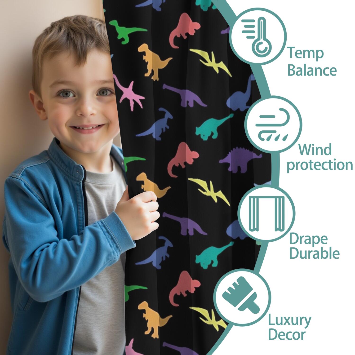 Blackout Kids Curtains,Black Colorful Dinosaurs Silhouettes Pattern Childrens Insulated Curtains Set Of 2,Bedroom Essentials,Toddler Room Decor 42"x54"