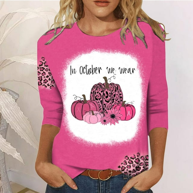 TIMIFIS Chandails de Sensibilisation au Cancer du Sein pour Femmes Ruban Chandail à Manches Longues Blouse Imprimée T-shirt Ample Blouse à Manches 3/4 Col Rond Hauts Décontractés Automne/hiver
