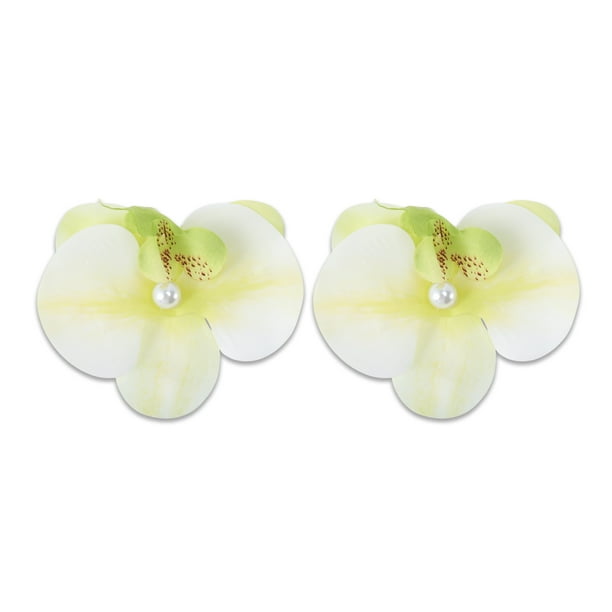 Ganchos para el cabello de perlas falsas de 2 piezas con clip de pico de pato para mujeres, flores Phalaenopsis en blanco y verde