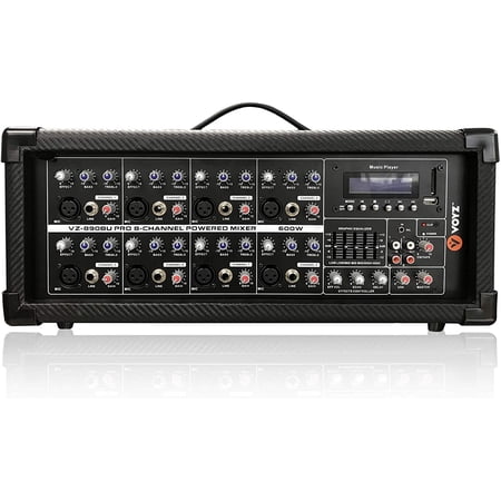 VOYZ 8 Channels Stage Powered Audio Mixer - 1200 Watt Pro Audio Sound Mixer, MP3/USB/SD Readers, Aux(3.5mm) Input, RCA & 1/4'' Effects Loop Connectors, LCD Display, Equalizer Remote Control (VZ-890BU)