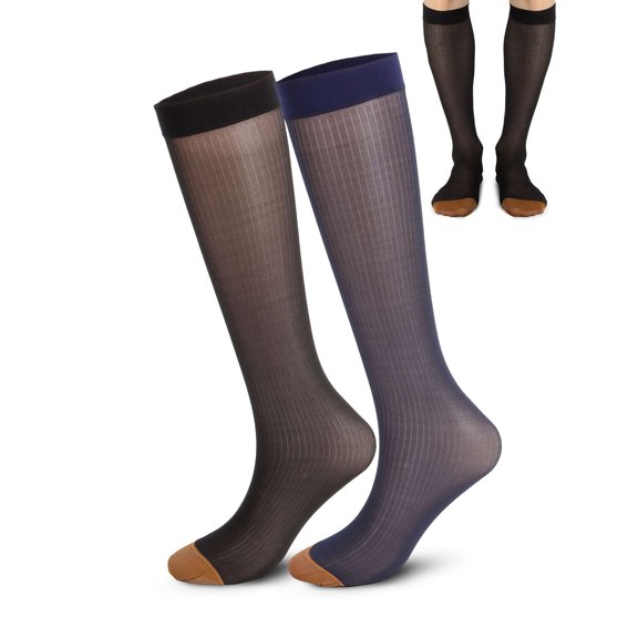 Gustave Mens Over the Calf Dress Socks 2 Pairs Silk Sheer Knee High Tube Socks Male Breathable Transparent Business Sock "Black & Navy"