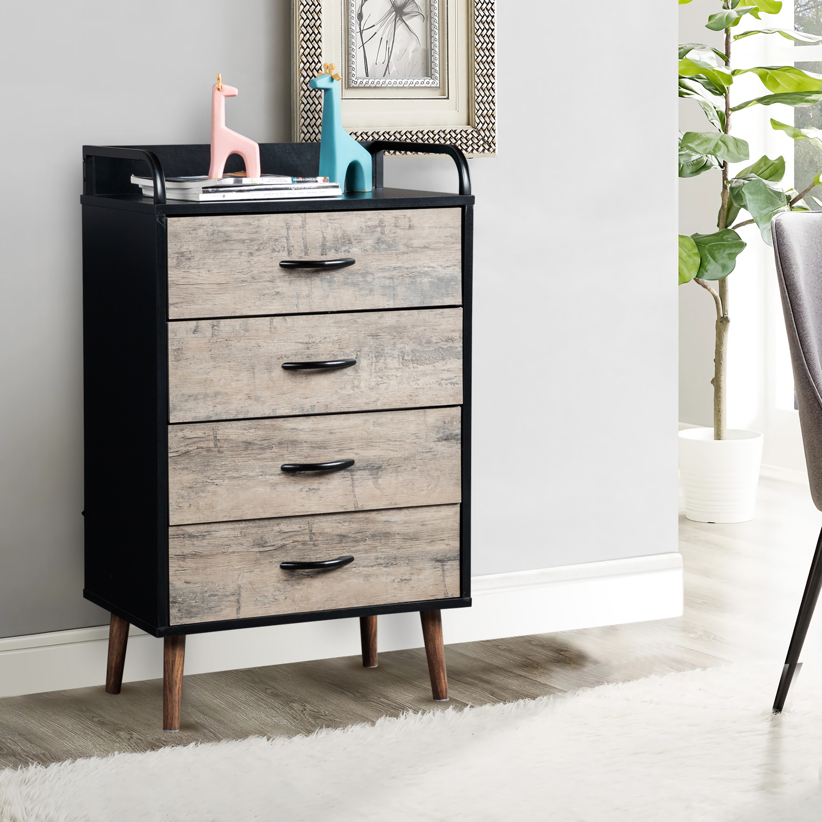 Drawer Dresser 4 Drawers Storage Dresser with Fabric Foldable Drawers, Gray and Black