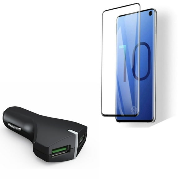 Galaxy S10  36W Fast Car Charger w Tempered Glass Screen Protector - 2-Port USB Power Adapter, [Fingerprint Works] 3D Curved Edge Full Cover for Samsung Galaxy S10