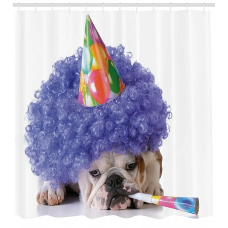 Birthday Decorations For Kids Shower Curtain Boxer Dog Animal With Purple Wig With Colorful Party Cone Fabric Bathroom Set With Hooks 69w X 84l