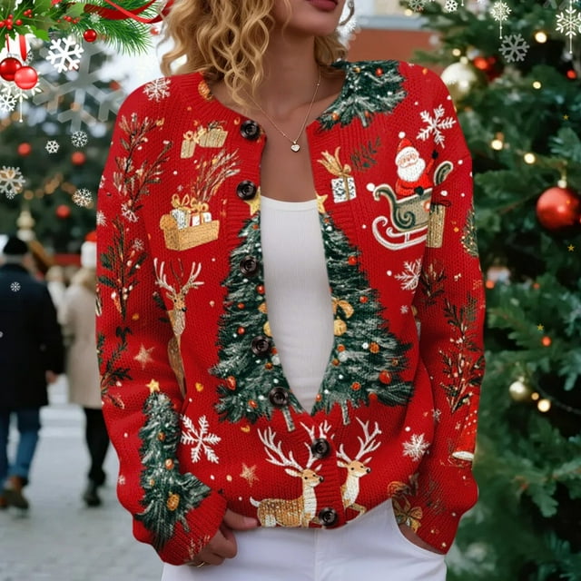 Chandails d'Automne d'Hiver Grande Taille pour Femmes Femmes Noël Cardigan en Peluche avec Cerf à Boutons 3d Rouge TG