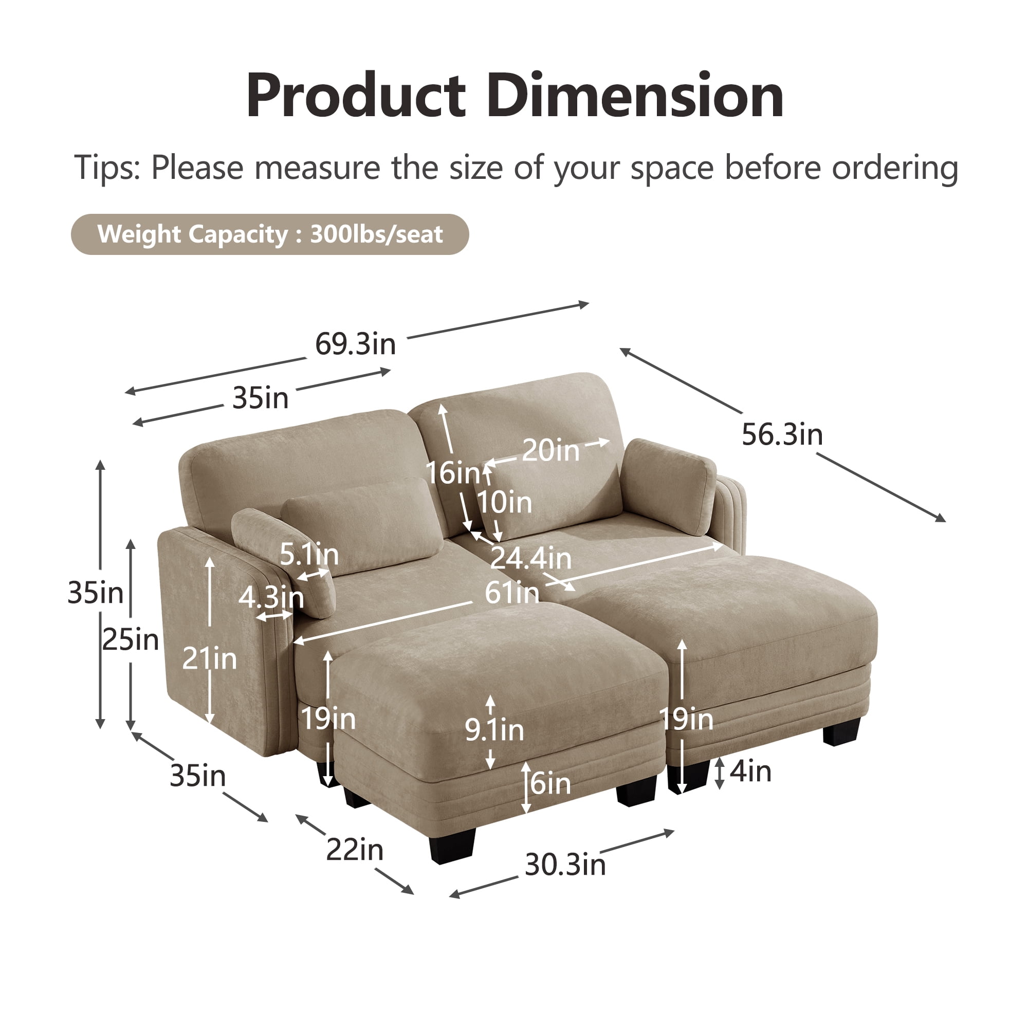 70" Modern Modular 2 Seater Loveseat Sofa Couch with 2 Ottoman and 4 Pillows