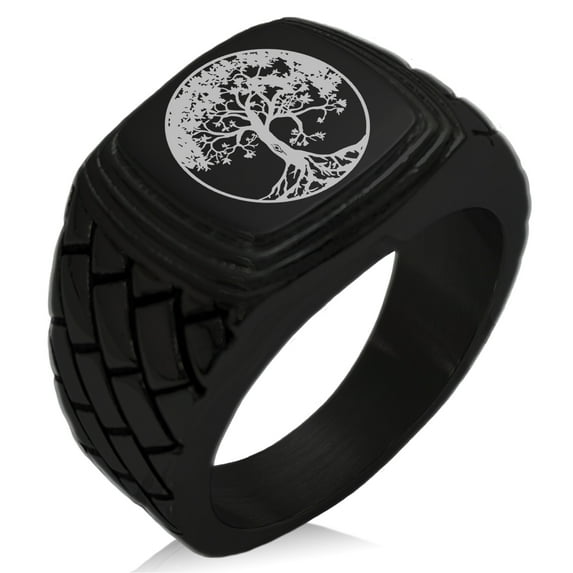 Stainless Steel Tree of Life Geometric Pattern Step-Down Biker Style Polished Ring