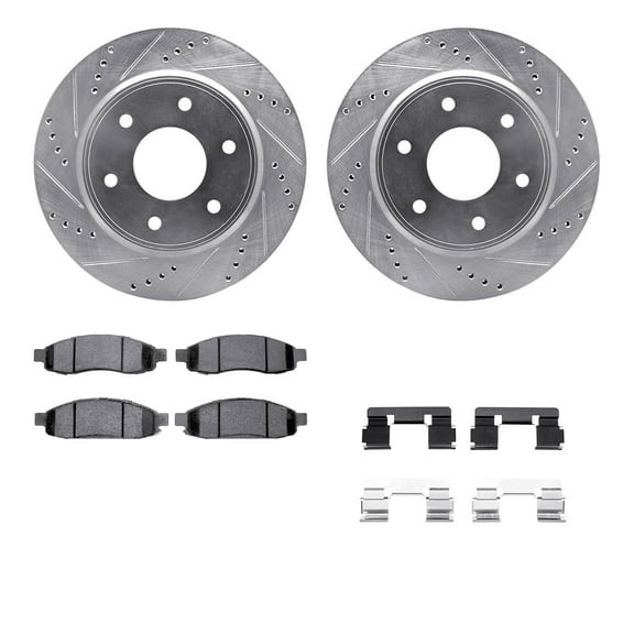 Dynamic Friction Company Front Brake Rotors-Drilled and Slotted-Silver with 5000 Advanced Brake Pads includes Hardware 7512-67113