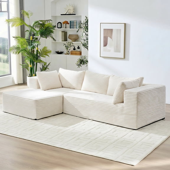 Mjkone Modular Sectional Sofa with Chaise,Corduroy L-Shaped Cloud Couch,Oversized Sleeper Couches for Living Room,Beige