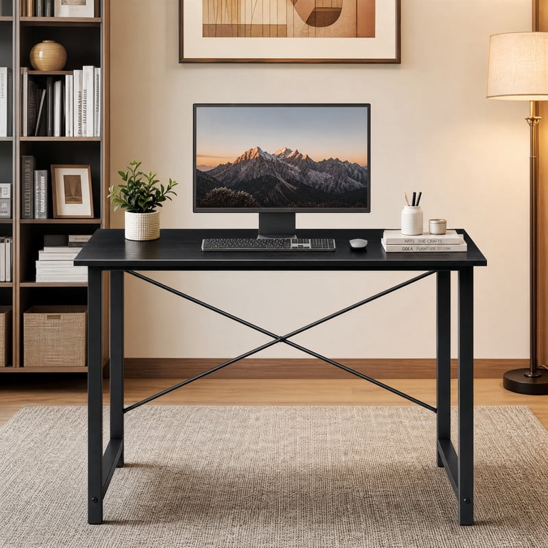 BEAUTYPEAK 40" Computer Desk Writing Gaming Table with Wood Top X-Shaped Reinforced Frame, Black