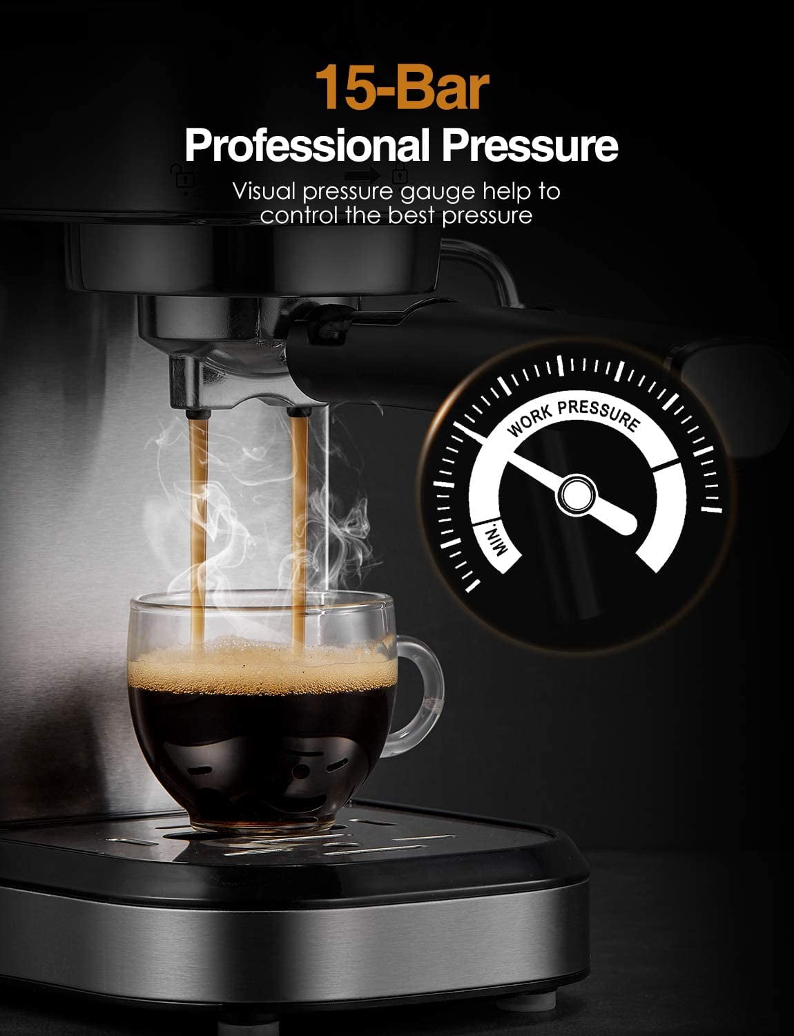 Brewsly Espresso Machine, 15 Bar Stainless Steel Espresso and Cappuccino Machine with Milk Frother, Sliver